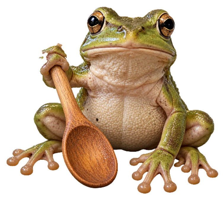 A green frog seated upright, gripping a wooden spoon like a pointer